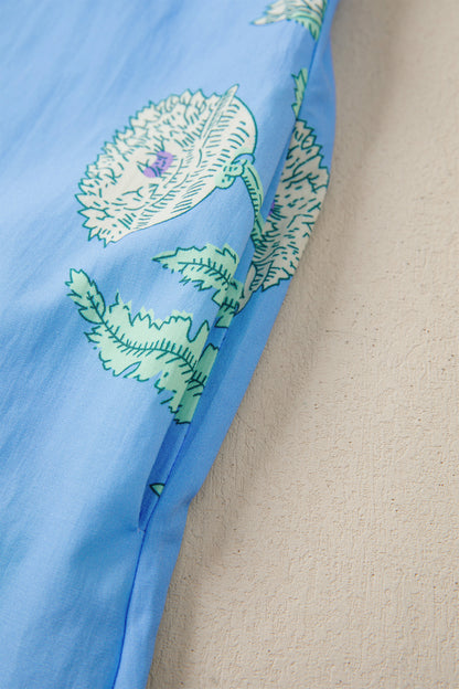 Sky Blue Plus Periwinkle Floral Printed Short Sleeve Striped Trim Split Neck Mini Dress