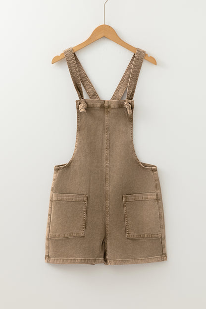 Light French Beige Solid Color Knot Straps Denim Romper with Pockets