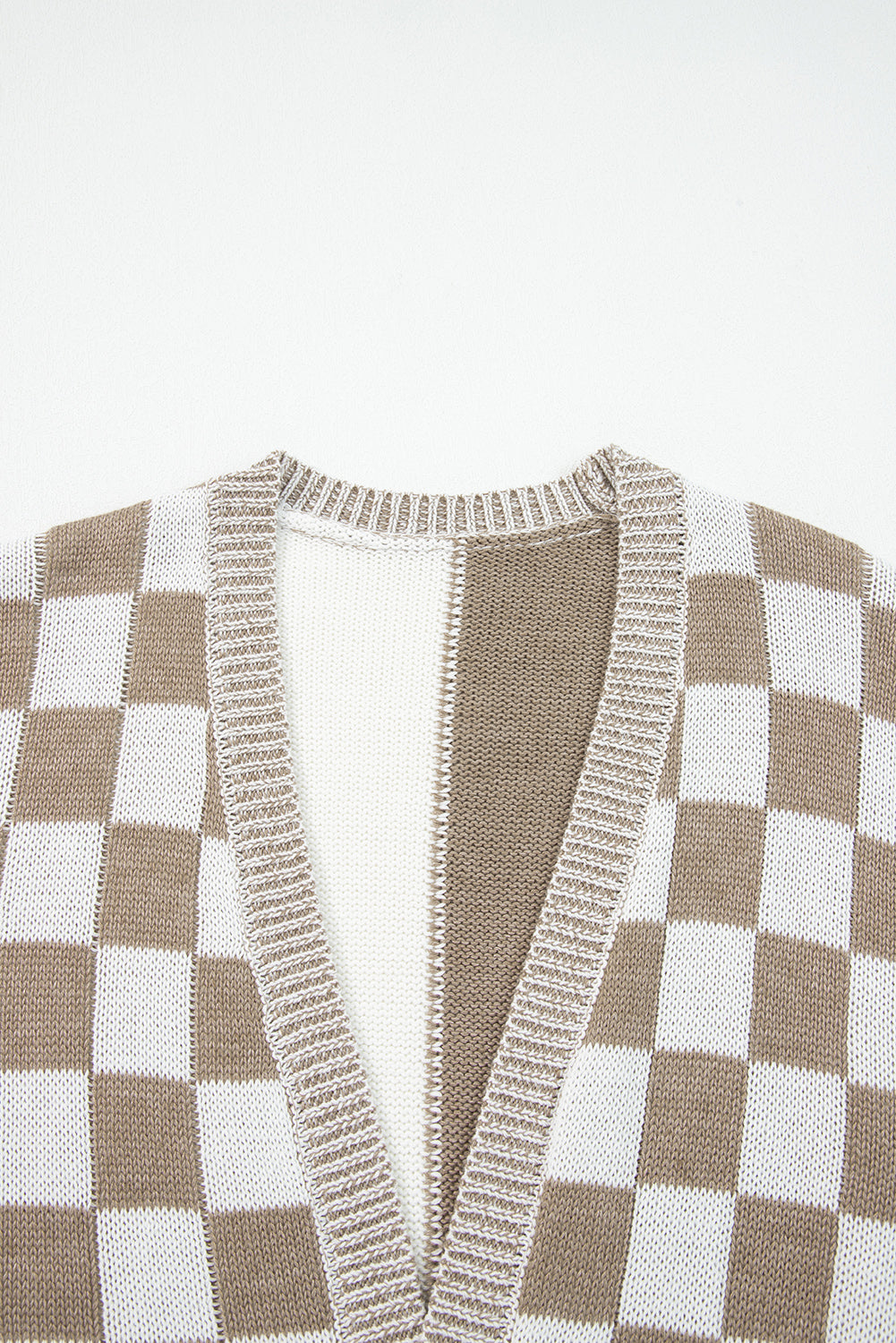 Brown Checkered Open Front Drop Shoulder Cardigan