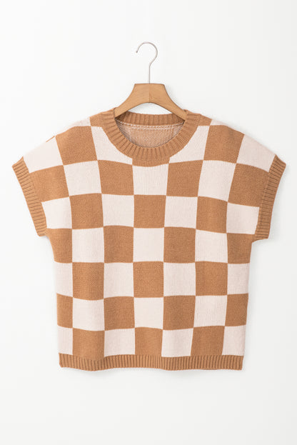 Frenchy Colorblock Plaid Pattern Ribbed Trim Sweater Tank Top