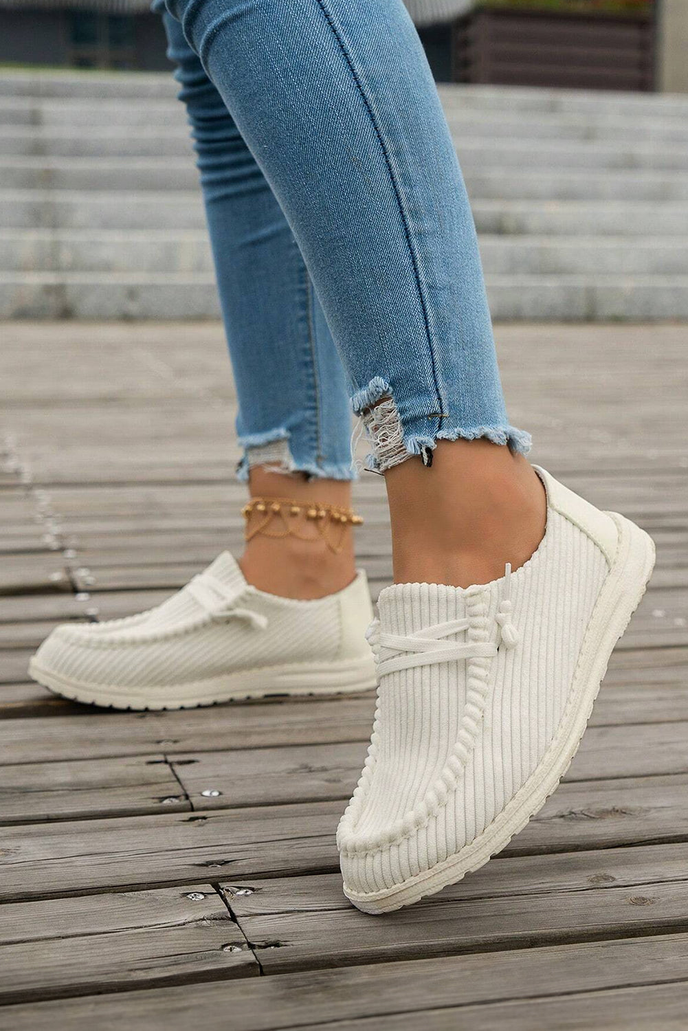 White Solid Ribbed Criss Cross Slip On Casual Shoes