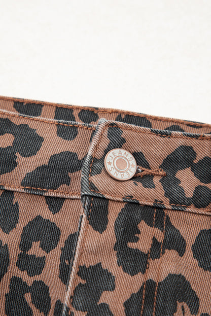 Brown Leopard Denim Frayed Split Denim Midi Skirt