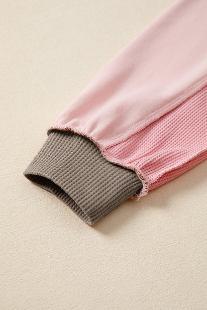 Light Pink Color Block Mix Texture Waffle Patchwork Oversize Sweatshirt