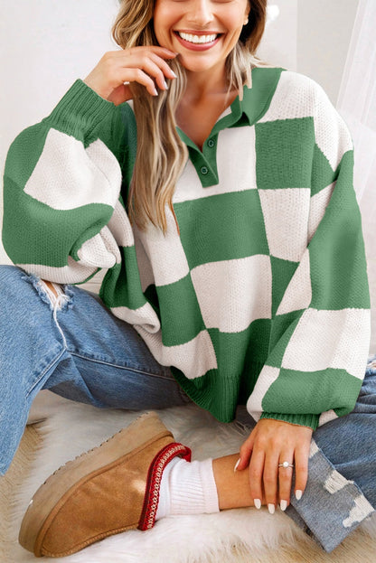 Mist Green Checkered Pattern Polo Collar Loose Sweater