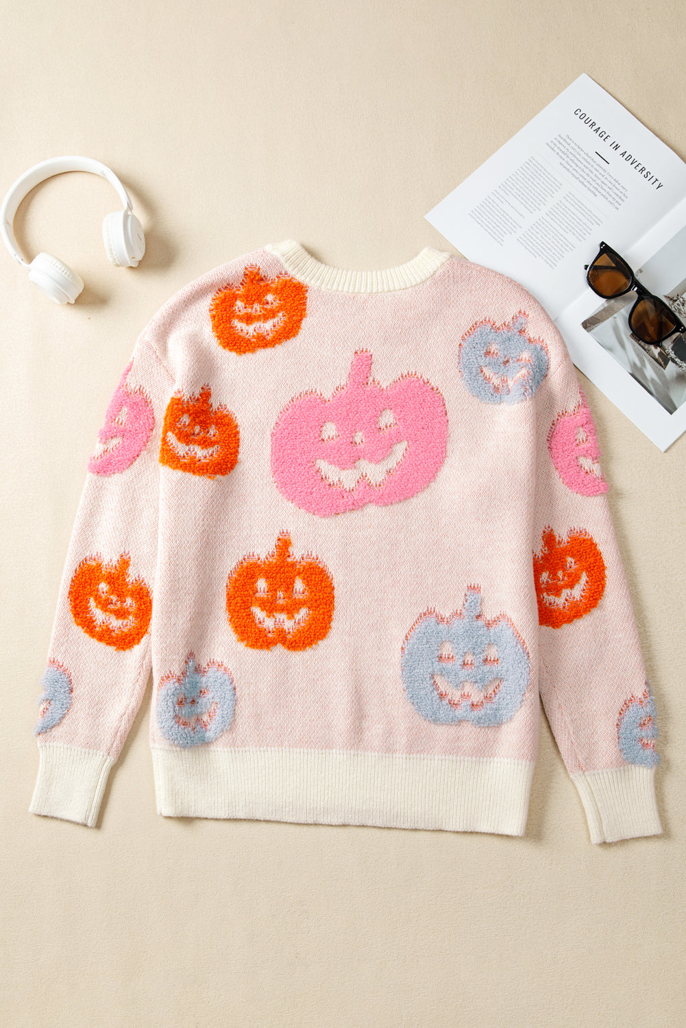 Beige Halloween Cute Pumpkin Pattern Sweater