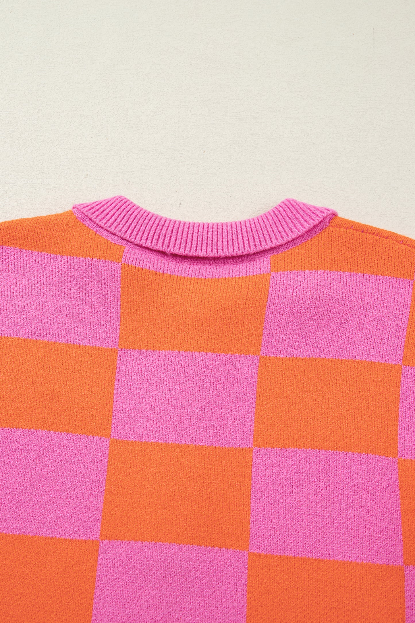 Sachet Pink Checkered Knit Polo Collar Baggy Sweater