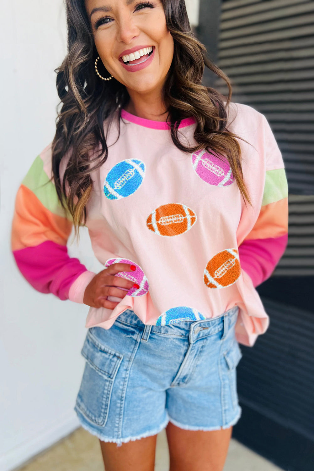 Pink GAME DAY Football Graphic Color Block Sleeve Top