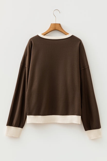 Coffee Raw Edge Flower Patch Drop Shoulder Casual Top