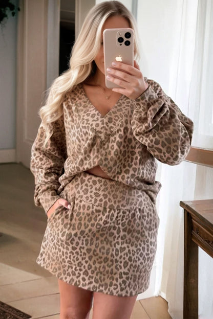 Light French Beige Leopard Print V Neck Pullover Mini Skirt 2pcs Set