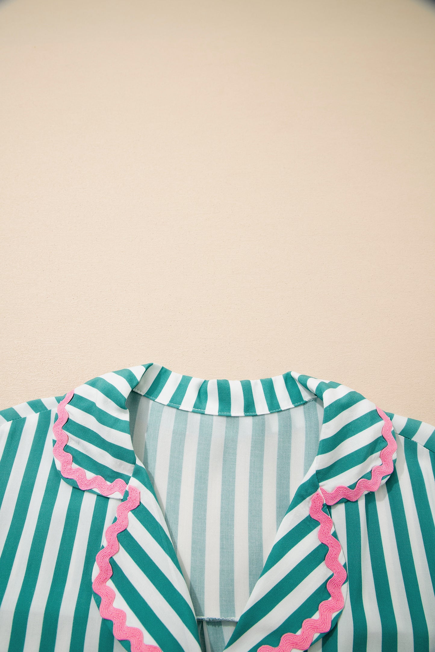 Ricrac Trim Long Sleeve Shirt Drawstring Ruffled Pajama Short Set