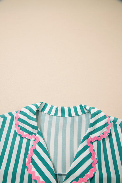 Ricrac Trim Long Sleeve Shirt Drawstring Ruffled Pajama Short Set