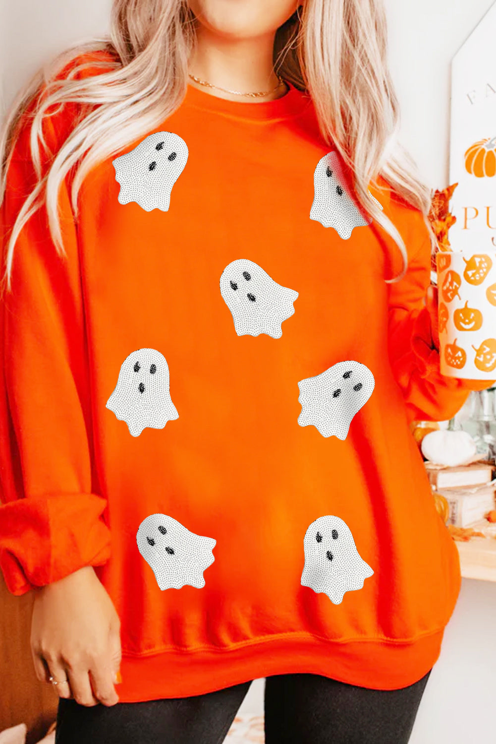 Orange Sequin Ghost Patch Sweatshirt