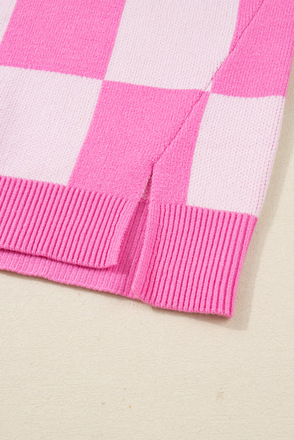 Pink Plus Size Checkered Collared Half Button Sweater