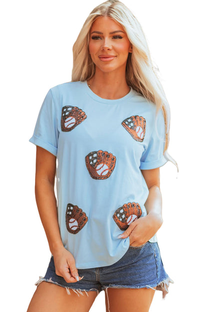 Light Blue Baseball Sequin Patch T Shirt