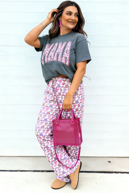 Fun mama  Letter Graphic Tee Camouflage Print Loose Pant Set