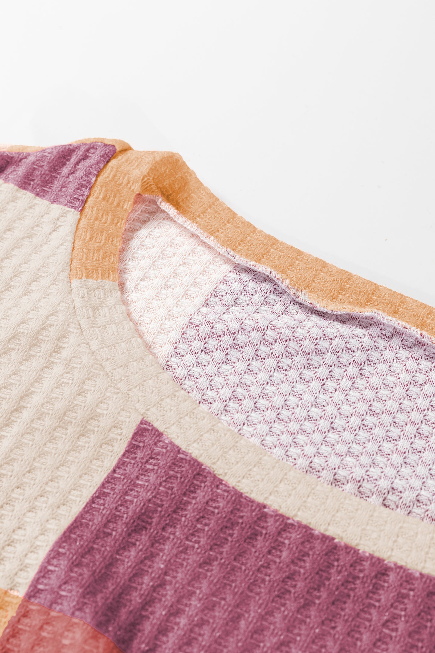 Rose Red Checkered Print Textured Knit Long Sleeve Loose Top