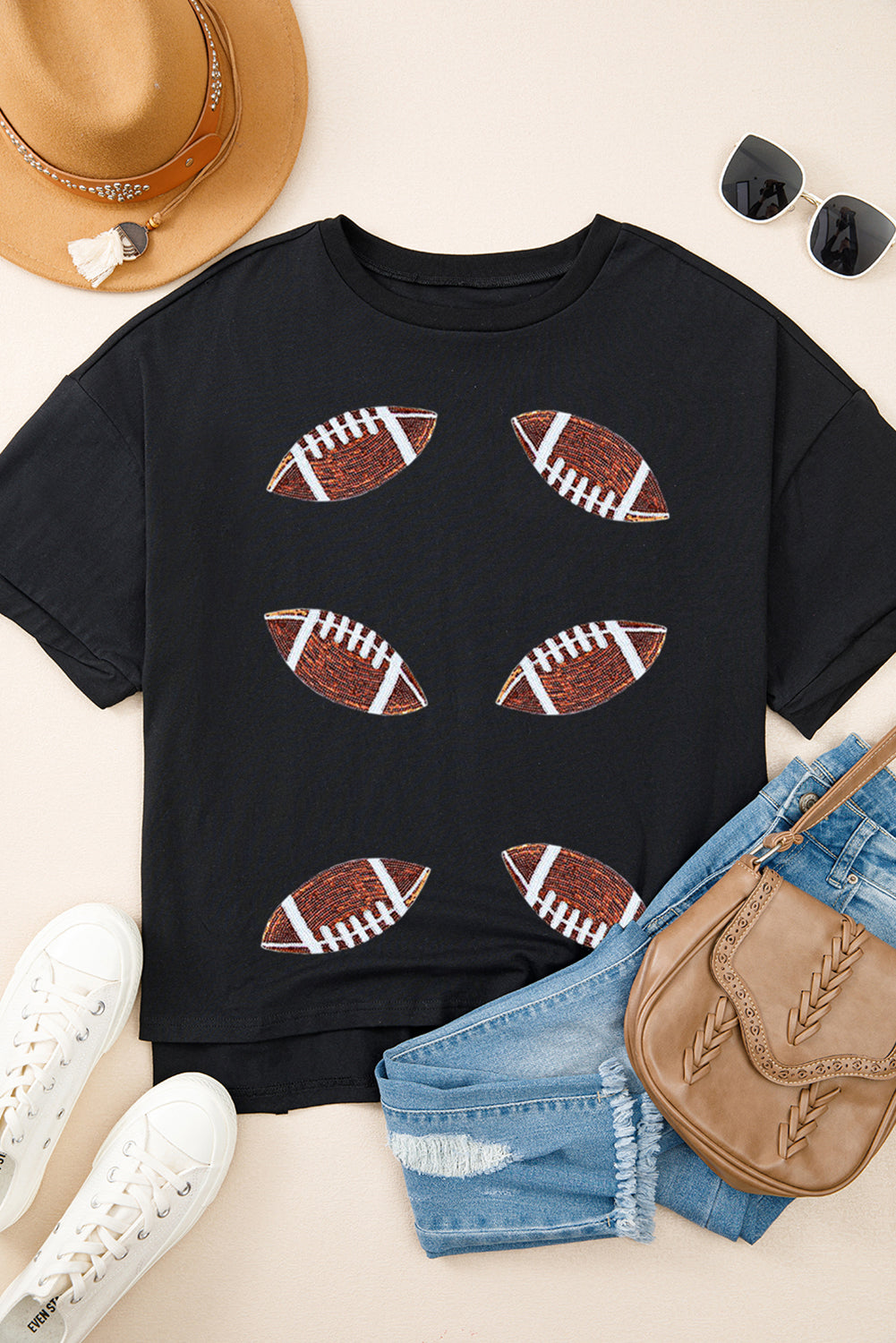 Black Sequin Football Top