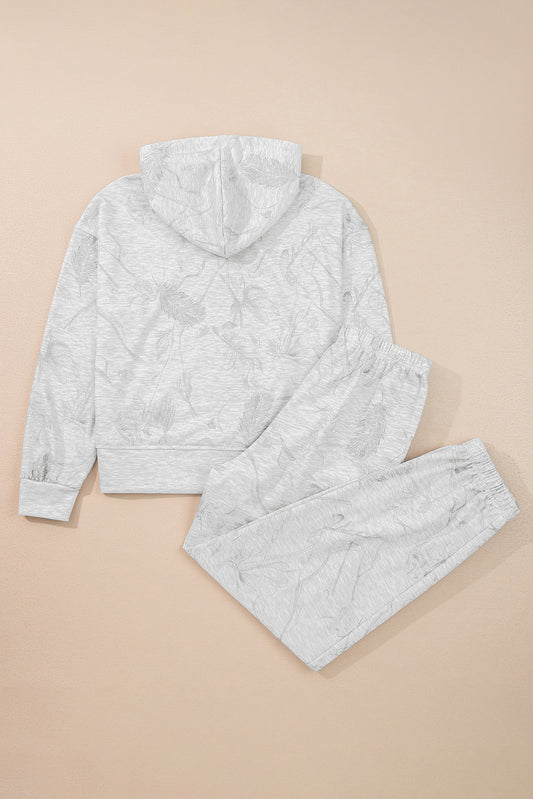 Light Grey Abstract Print Loose Drop Sleeve Hoodie Elastic Waistband 2pcs Pant Set