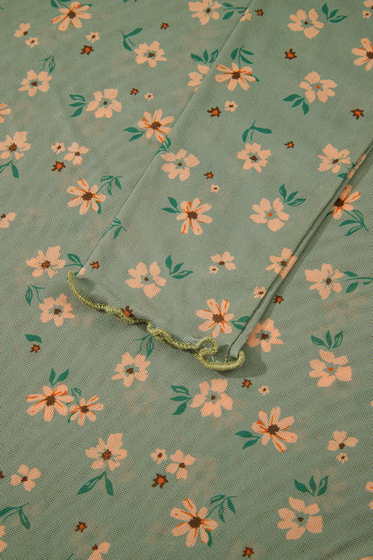 Laurel Green Vintage Floral Print Southern Style Mesh Long Sleeve Top