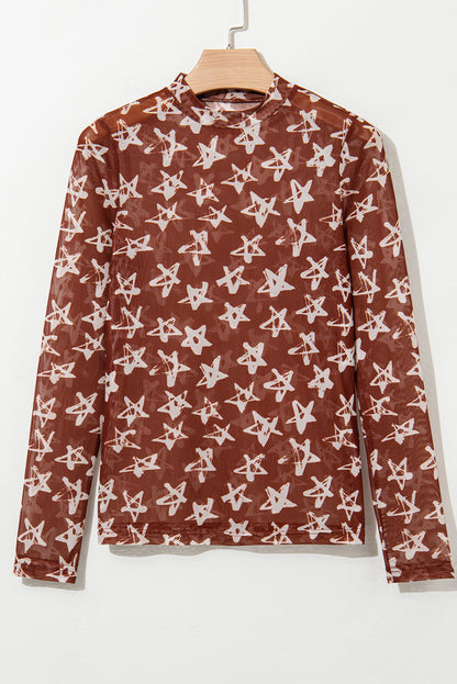 Red Mesh Star Print Mock Neck Sheath Long Sleeve Top