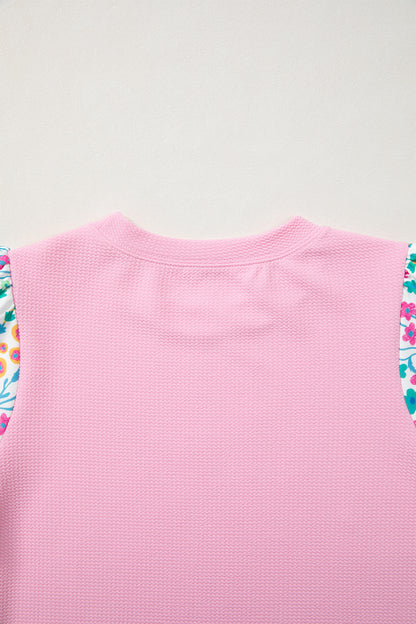 Pink Round Neck Textured Contrast Floral Bubble Sleeve Blouse