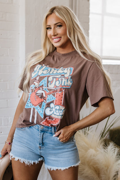 Chicory Coffee Honky Tonk Honey Graphic Crew Neck Western Fashion Tee
