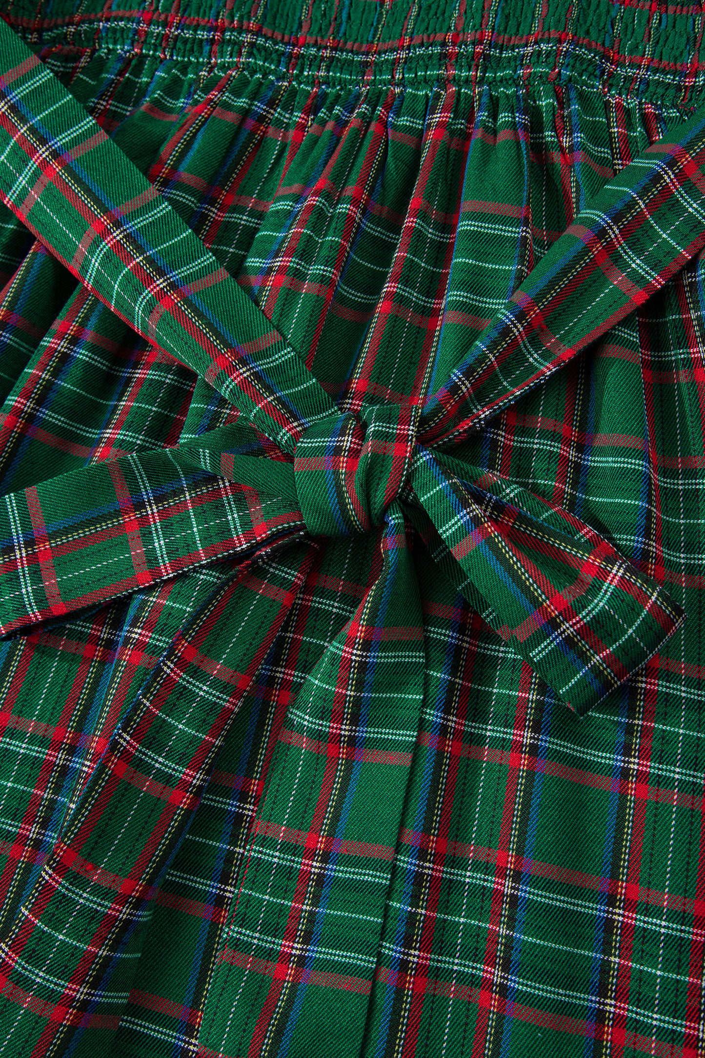 Green Tartan Plaid Square Neck Puff Sleeve Knot Waist Flared Midi Dress