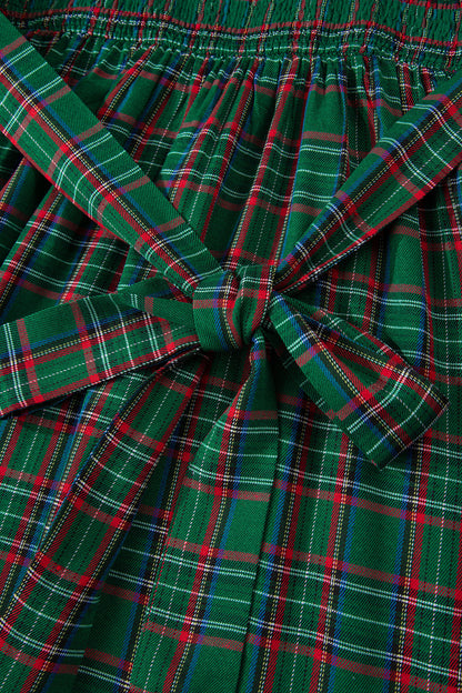 Green Tartan Plaid Square Neck Puff Sleeve Knot Waist Flared Midi Dress