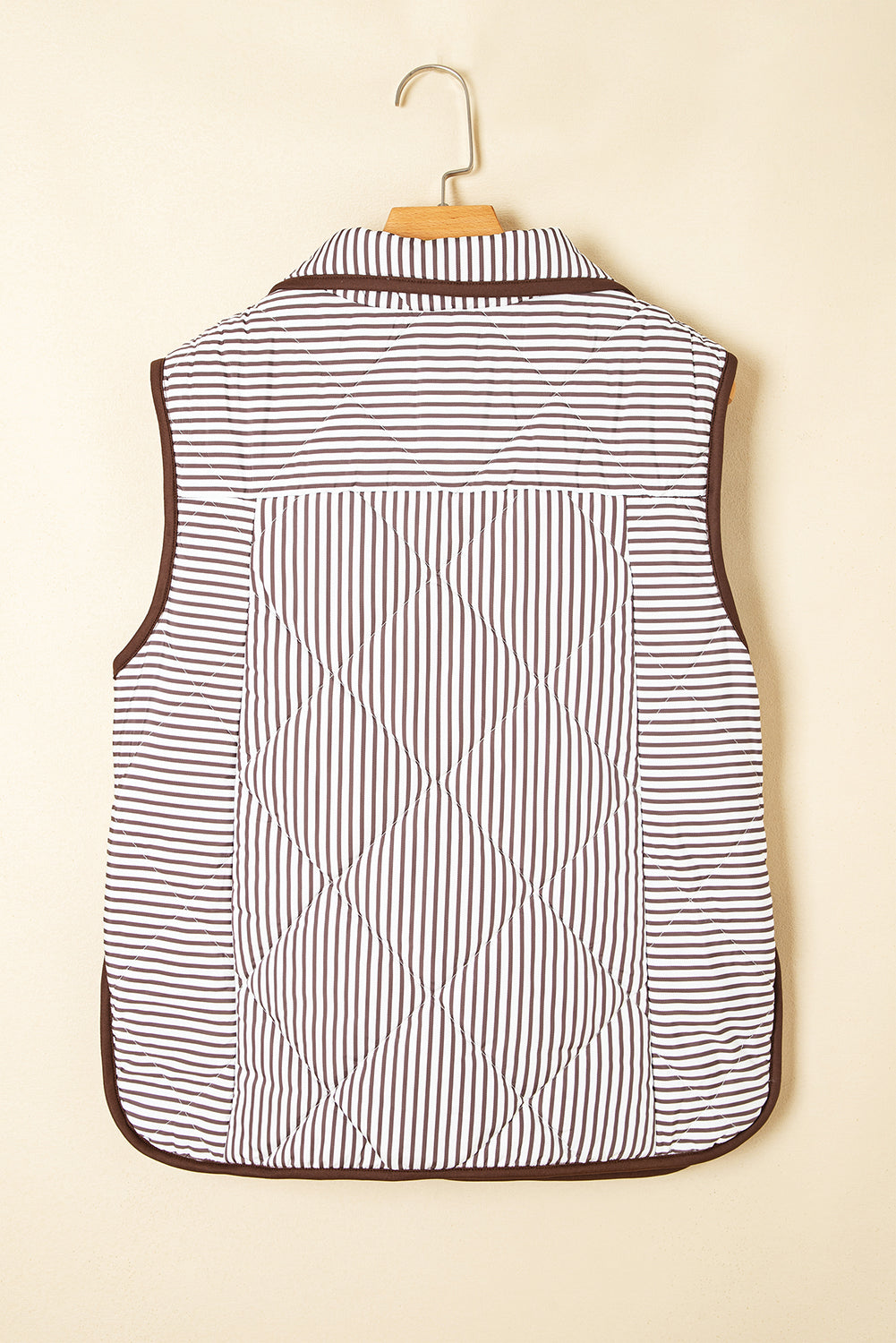 Brown Stripe Snap Button Scalloped Hem Collared Vest