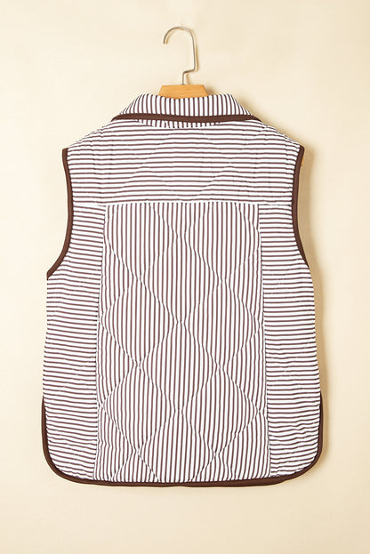 Brown Stripe Snap Button Scalloped Hem Collared Vest