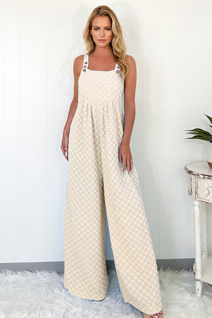 Beige Checkered Pocketed High Waist Wide Leg Overall