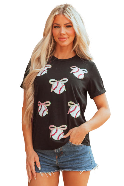 Black Shimmering Sequin Bow Ball Patterned Game Day Casual Tee