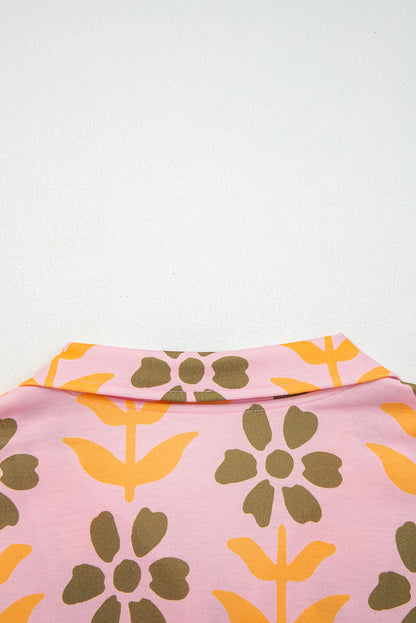 Pink Floral Print Zip Neck Striped Patchwork Long Sleeve Drawstring Dress