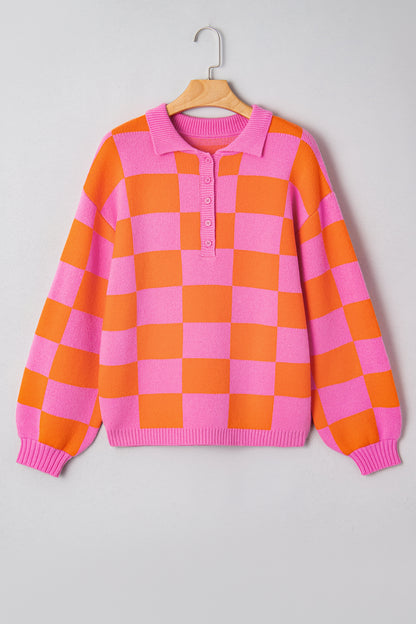 Sachet Pink Checkered Knit Polo Collar Baggy Sweater
