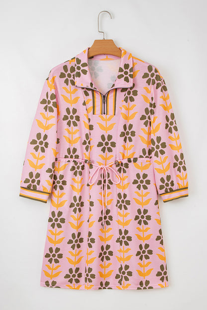 Pink Floral Print Zip Neck Striped Patchwork Long Sleeve Drawstring Dress