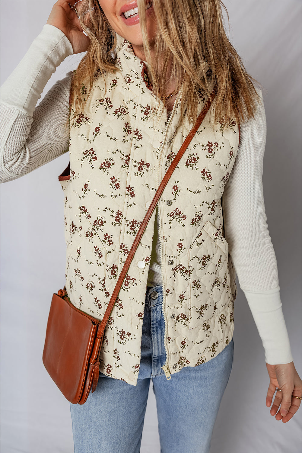 Apricot Floral Print Zip Up Quilted Vest