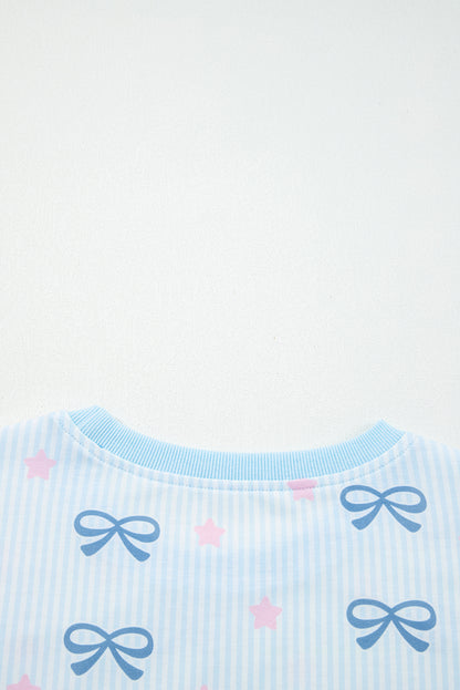 Sky Blue Stripe Bow Star Print Tied Detail 2pcs Lounge Set