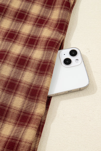 Red Plaid Print Ruffled Long Sleeve Patchwork Hem Mini Shirt Dress