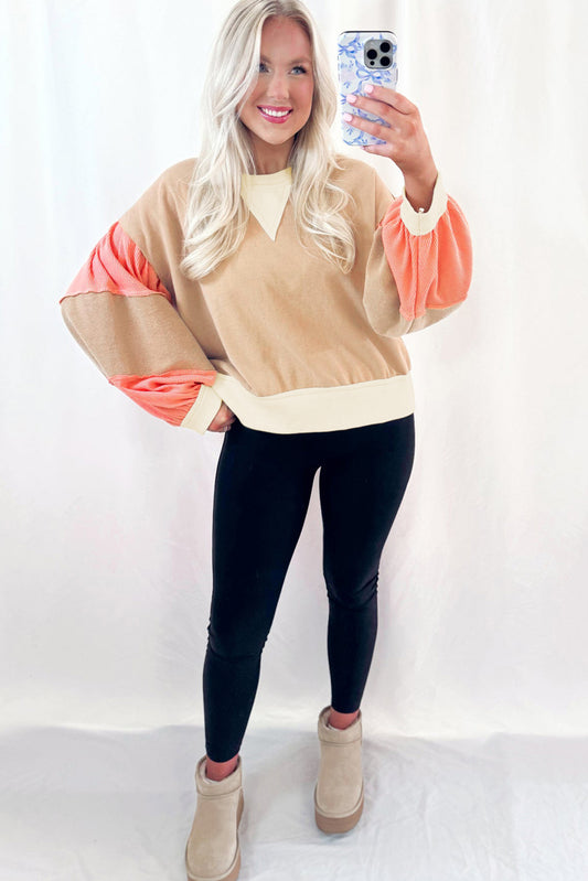 Light French Beige Color Block Textured Patchwork Pullover Sweatshirt