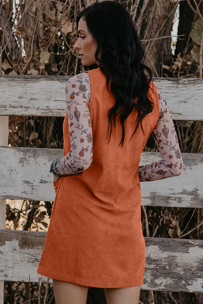 Gold Flame Corduroy Western Embroidered Patched Pocket Shift Sleeveless Mini Dress