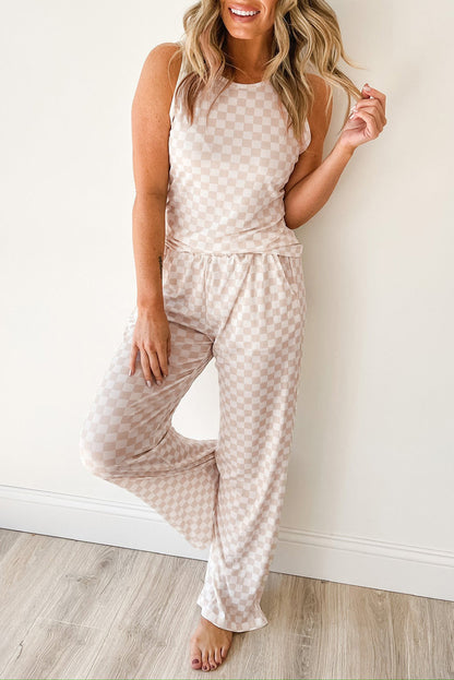 Comfy Checkered Beige Two Piece Lounge Set