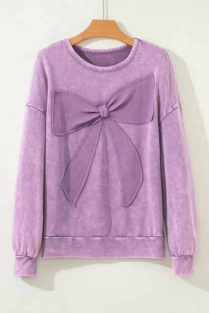 Orchid Bouquet Mineral Wash Big Bow Patchwork Pullover Sweatshirt