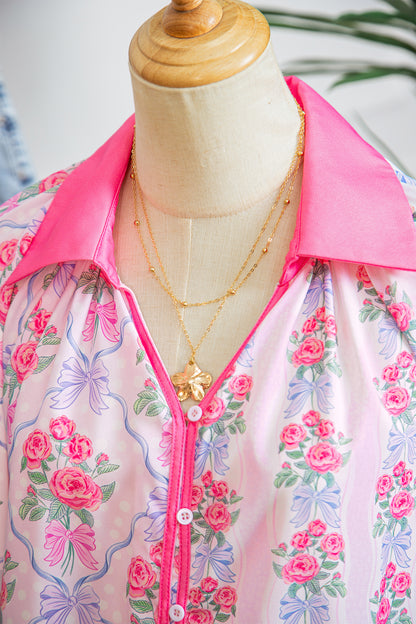 Purple Floral Collared Ruffled Half Sleeve Shirt