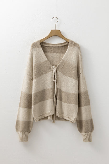 Khaki Striped Color Block Brushed Knit Bow Tie Front Sweater Cardigan