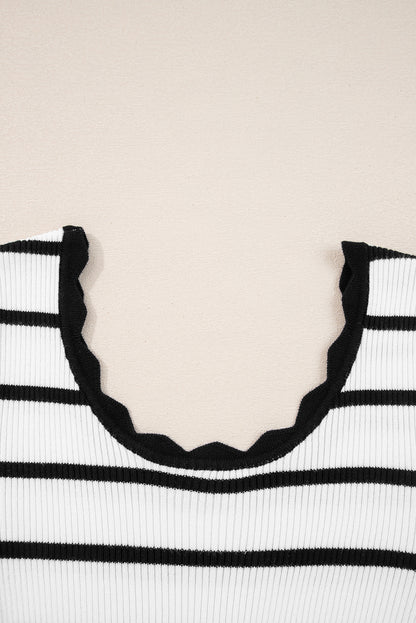 Black white Scalloped Trim U Neck Striped Ribbed Slim Sweater