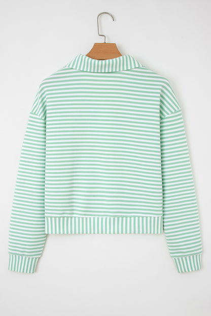 Green Stripe Quarter Zip Collar Pullover Long Sleeve Top