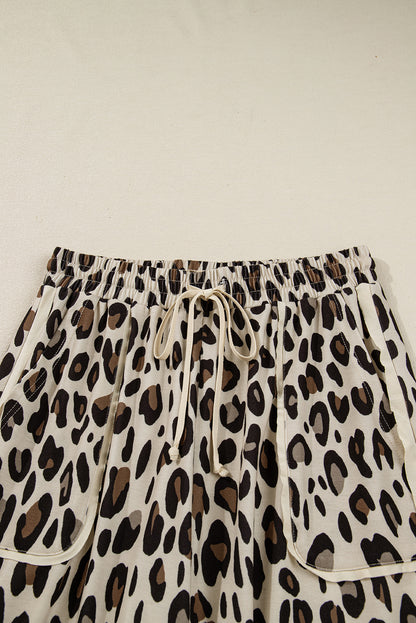 Khaki Leopard Wide Leg Cropped Pants