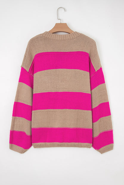 Khaki Stripe Color Block PLus Size Drop Shoulder Sweater
