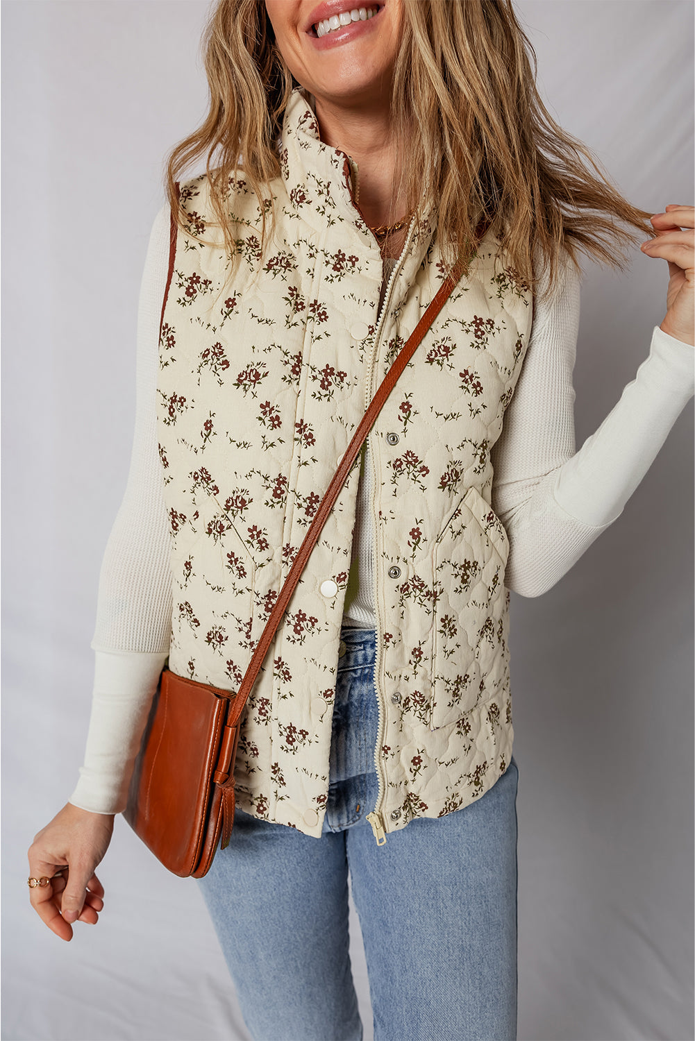 Apricot Floral Print Zip Up Quilted Vest