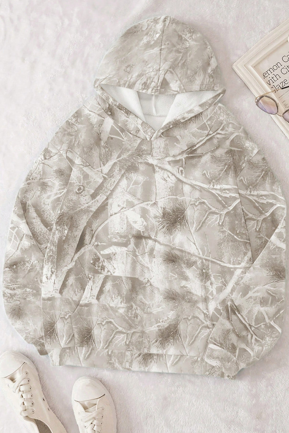 Beige Camouflage Woodland Print Oversized Sporty Hoodie